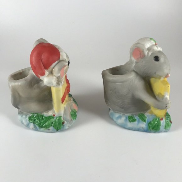 Vintage Christmas MOUSE CANDLE HOLDERS Holiday MICE FIGURINES Set Of 2 - Picture 4 of 8